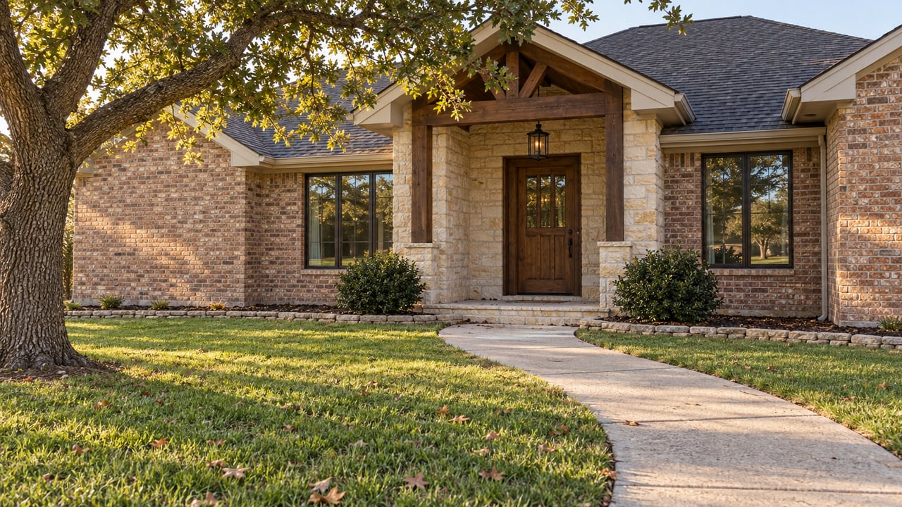 Ranch house with a recessed timber entry, red-brown brick wings, and a curved concrete walk beneath an oak.