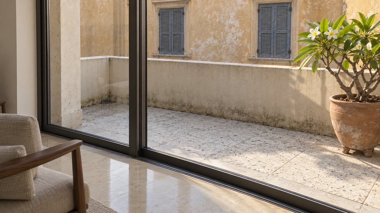 Sunlit apartment threshold with limestone floors, closed glass doors and a frangipani on a terrazzo terrace facing weathered plaster windows.