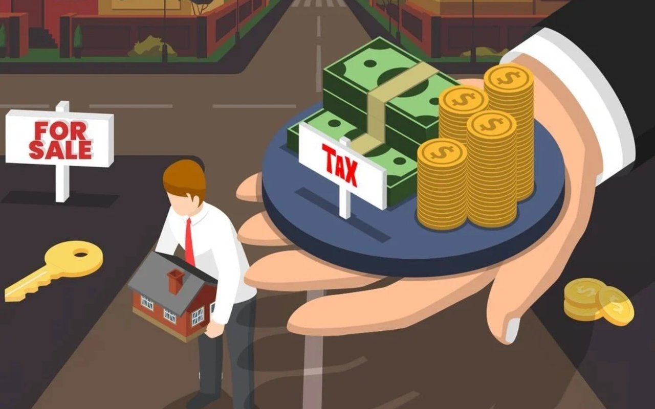 Illustration of home-selling costs, with a for-sale sign, key, house, and a hand holding cash and tax coins.