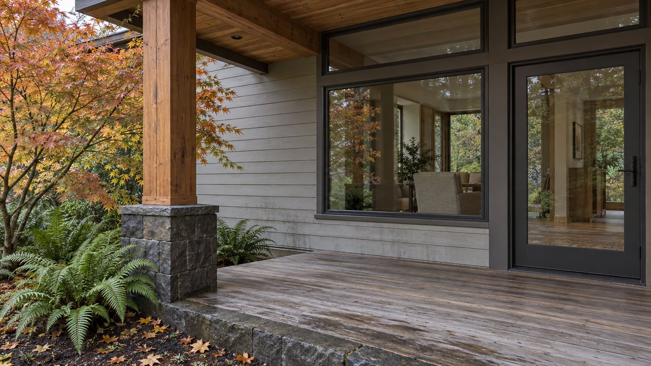A covered cedar porch with timber beams, basalt masonry, closed glass doors and copper-colored vine maple beside sword ferns.