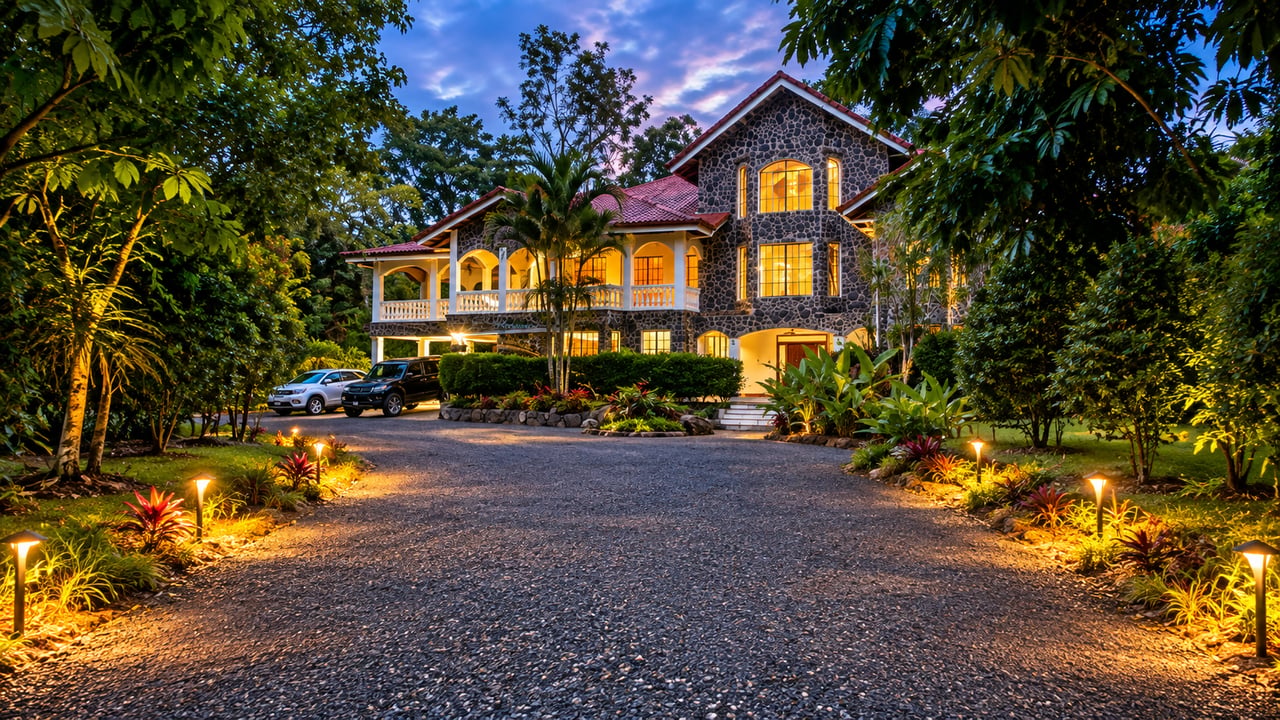 Stone house glowing at dusk, framed by tropical landscaping and a wide gravel driveway.