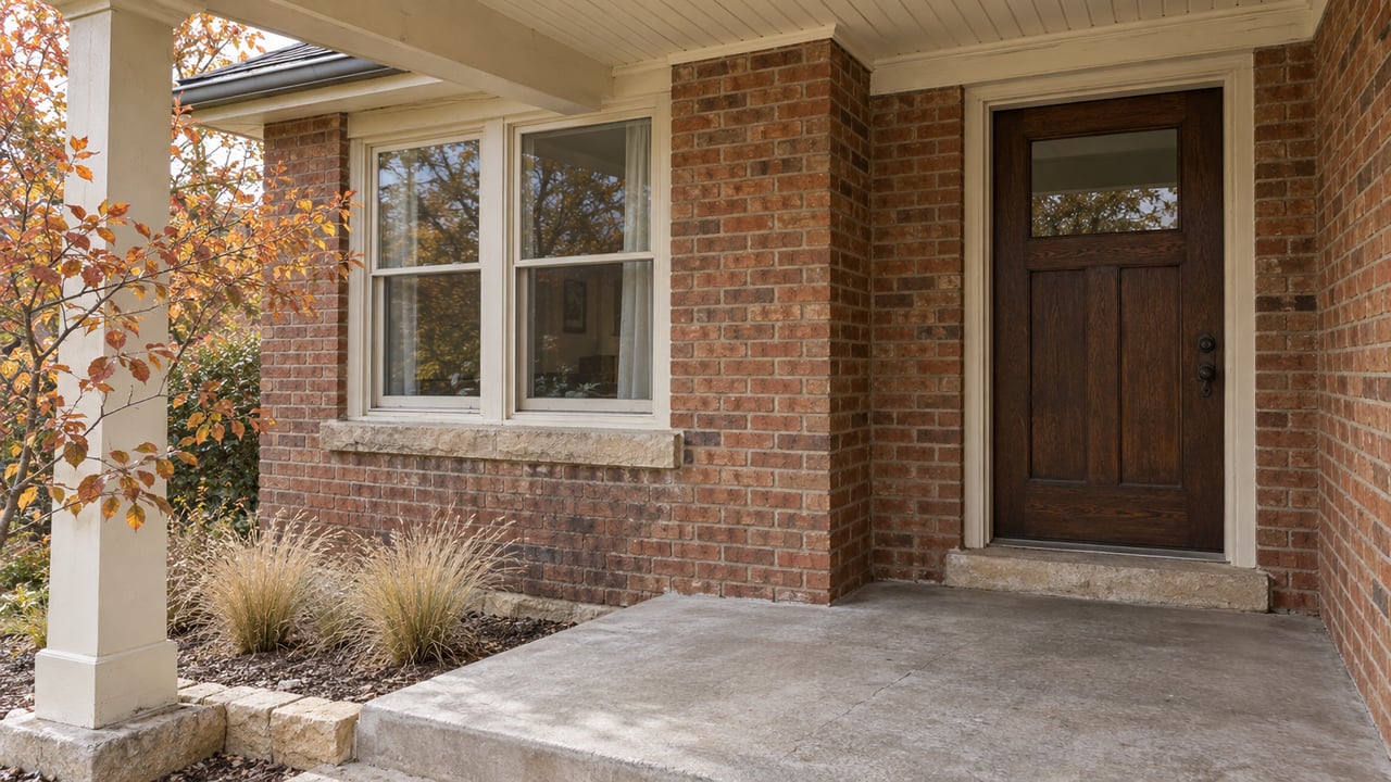 Autumn light on a brick home's sheltered oak entry, cream-framed window and weathered concrete porch beside ochre serviceberry leaves.