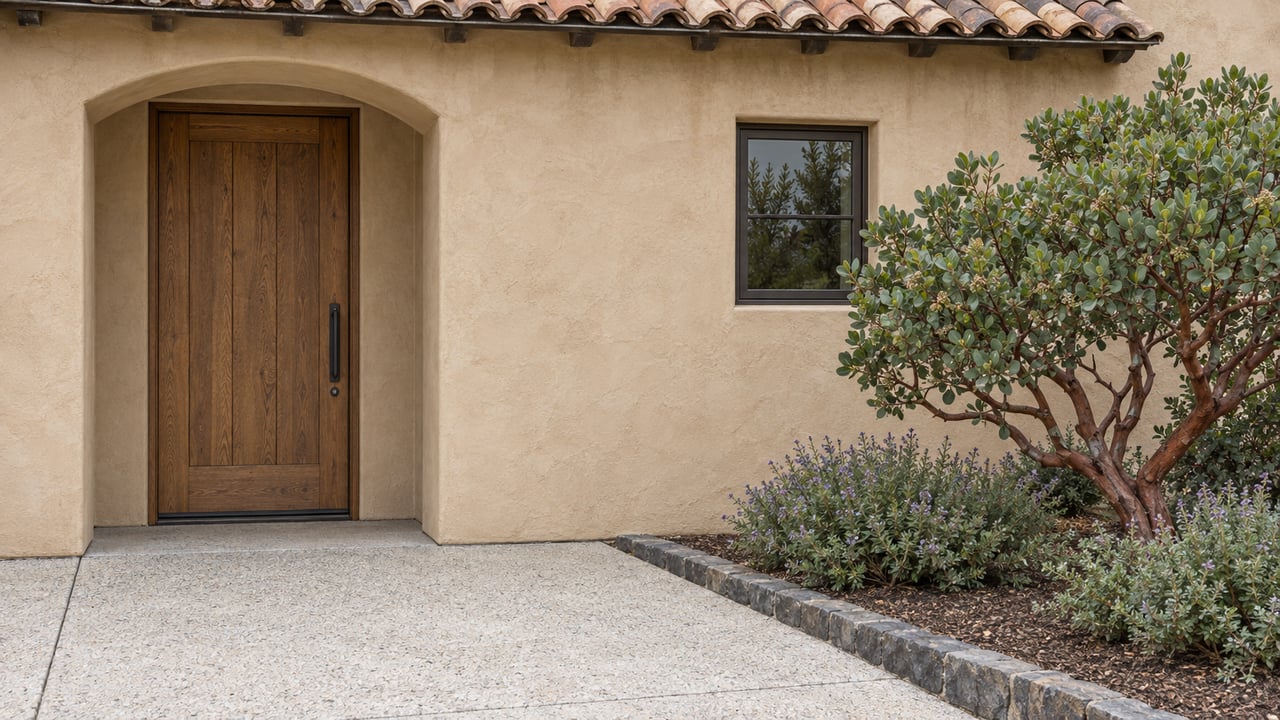Sand-colored stucco entry with an arched oak door, small window, and a twisted-trunk shrub in a stone-edged bed.