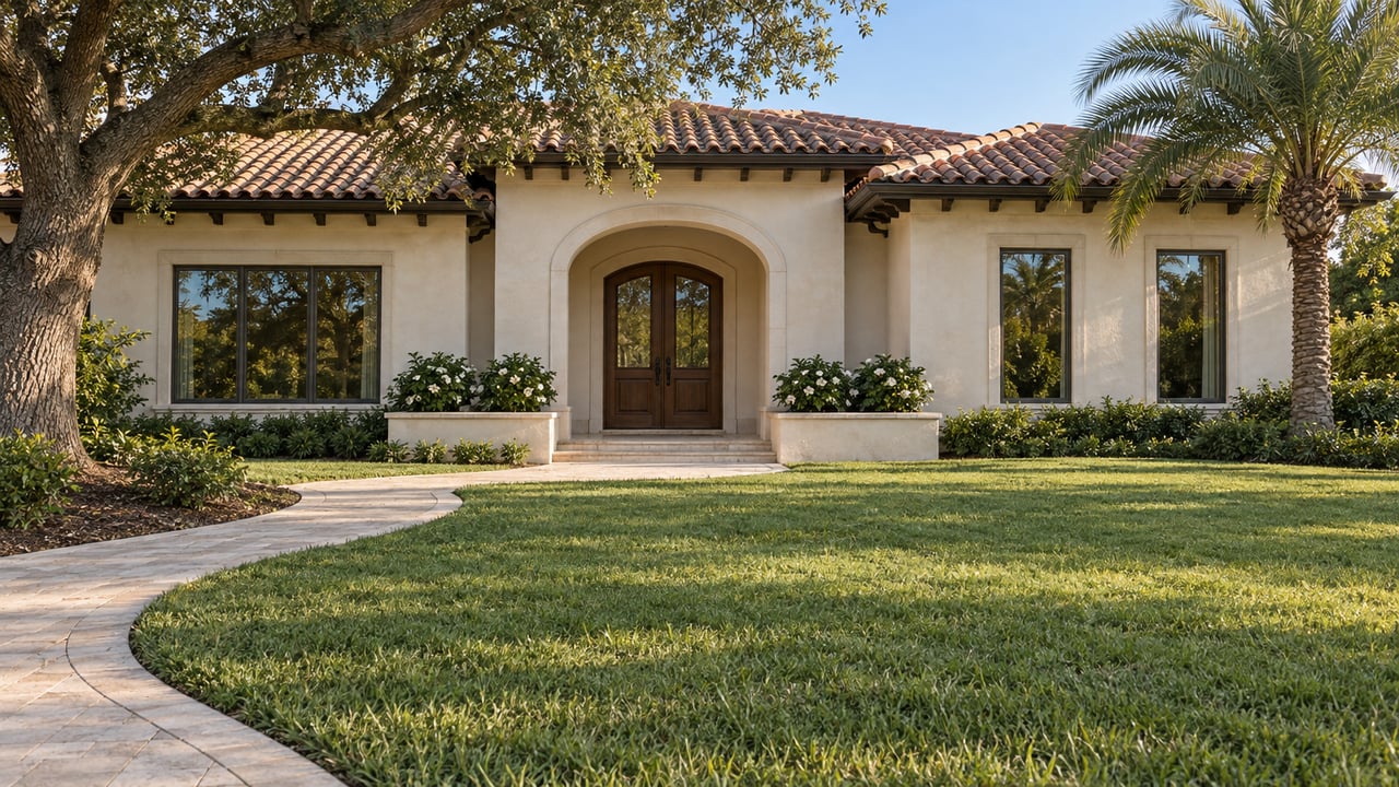 Sunlit stucco home with a clay barrel-tile roof, arched entry, deep green lawn and mature specimen trees.