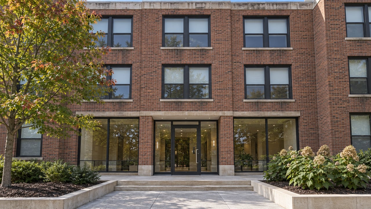 Red-brown brick condominium facade with paired windows, an enclosed glass entrance, limestone steps and planted beds.