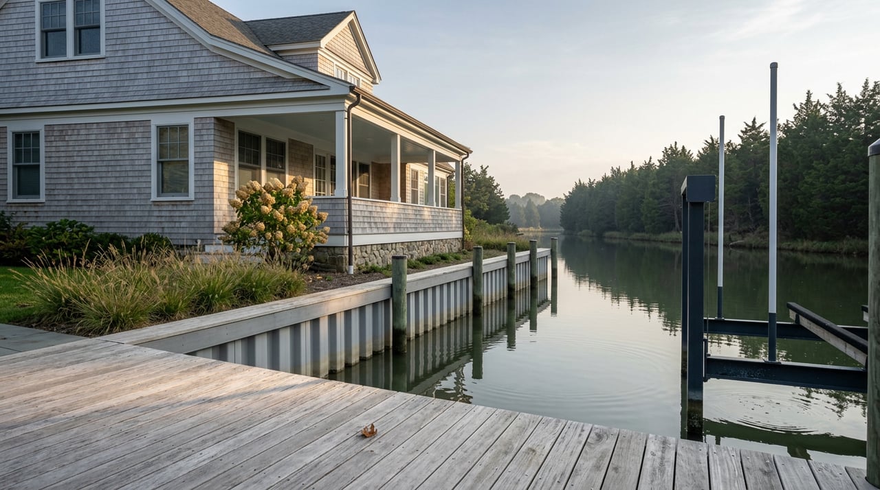 Shingle-sided home and covered porch overlooking a cedar dock, boat lift, and tree-lined waterway.
