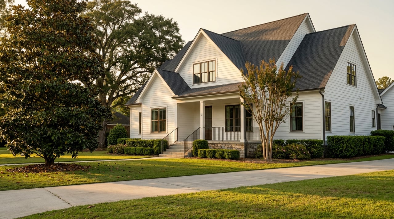 White two-story farmhouse with dark windows, framed by a magnolia tree and broad lawn.