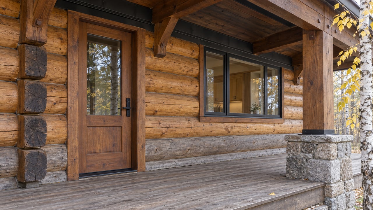 Covered timber-home entry with honey-toned log walls, a glazed wooden door, dark-framed window and granite porch-post base.