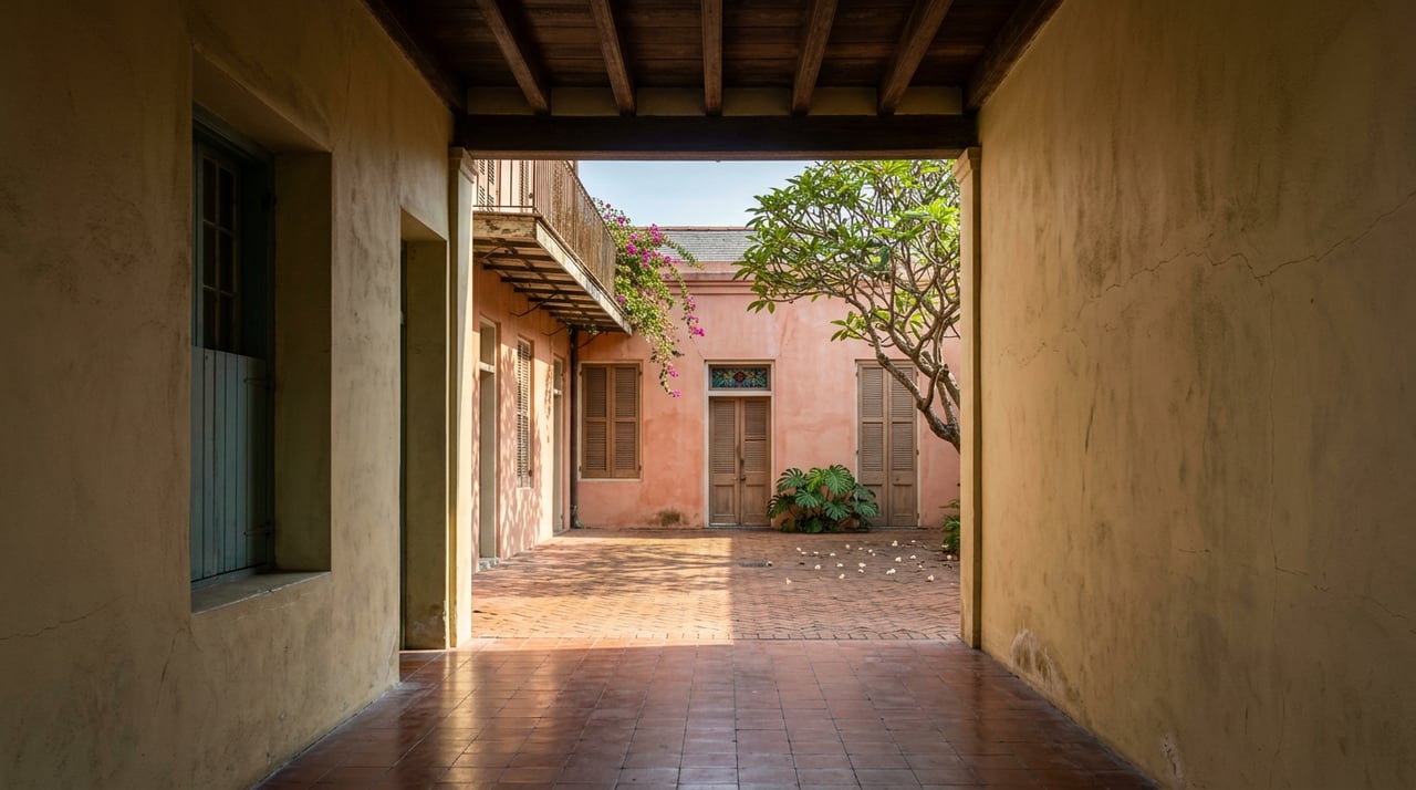 Sunlit terracotta courtyard beyond a shadowed passage, with a plumeria tree and magenta bougainvillea on an iron balcony.