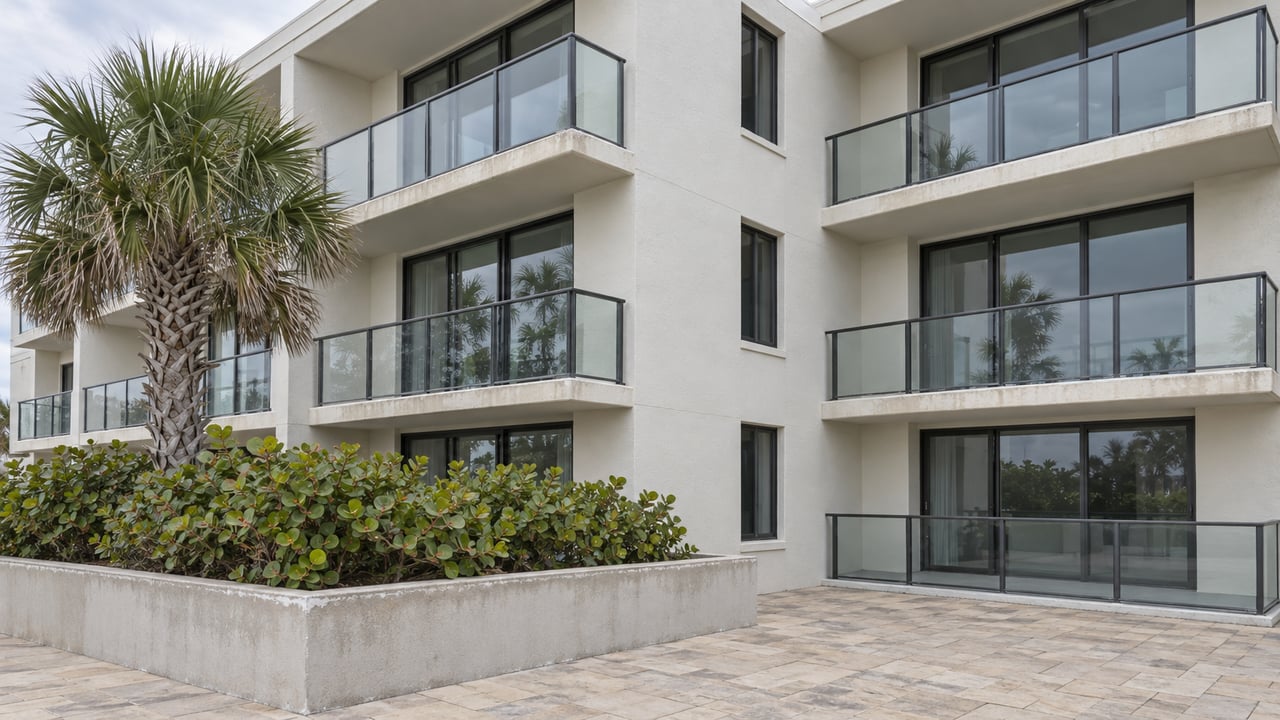 Three-story stucco condominium with glass balconies, a paved walkway, and a raised planter with a palm.