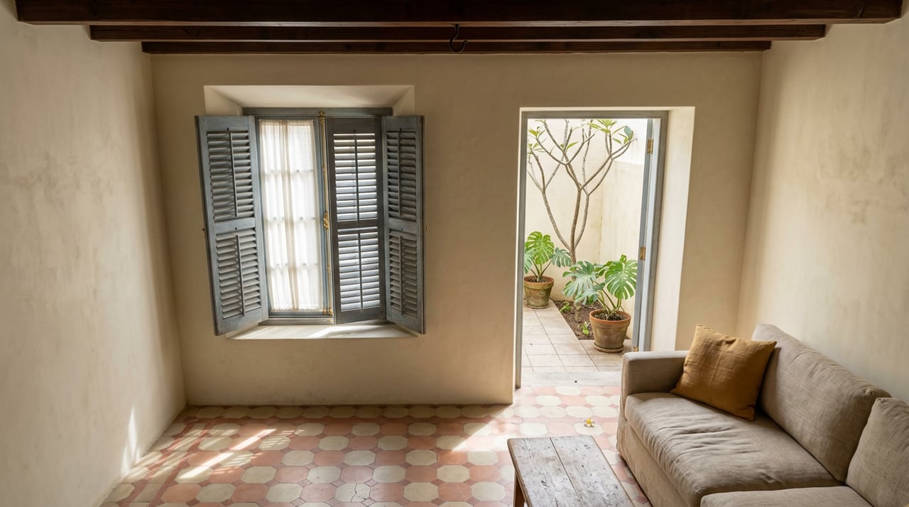 Historic masonry living room with linen sofa, patterned tile, blue-gray shutters, and potted courtyard plants.