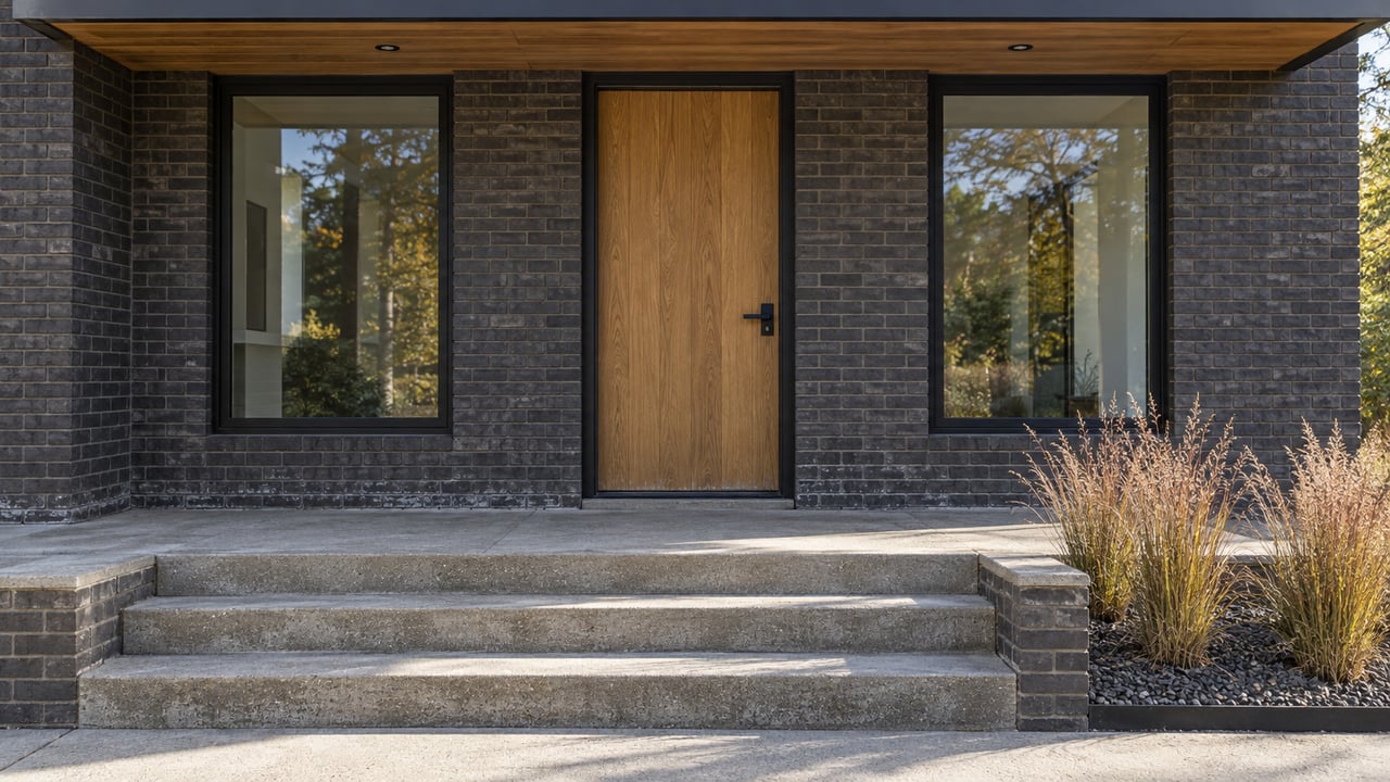 Covered charcoal-brick home entrance with an oak door, paired black-framed windows, concrete steps and tawny little bluestem.