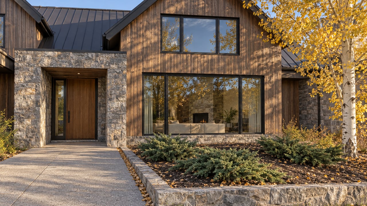 Autumn light on a timber-and-stone residence with black-framed windows, a recessed entry and a golden-leaved aspen beside the approach.