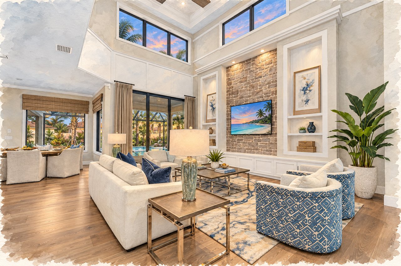 Double-height living room with a stone fireplace wall, blue patterned chairs, and tall windows overlooking palms.