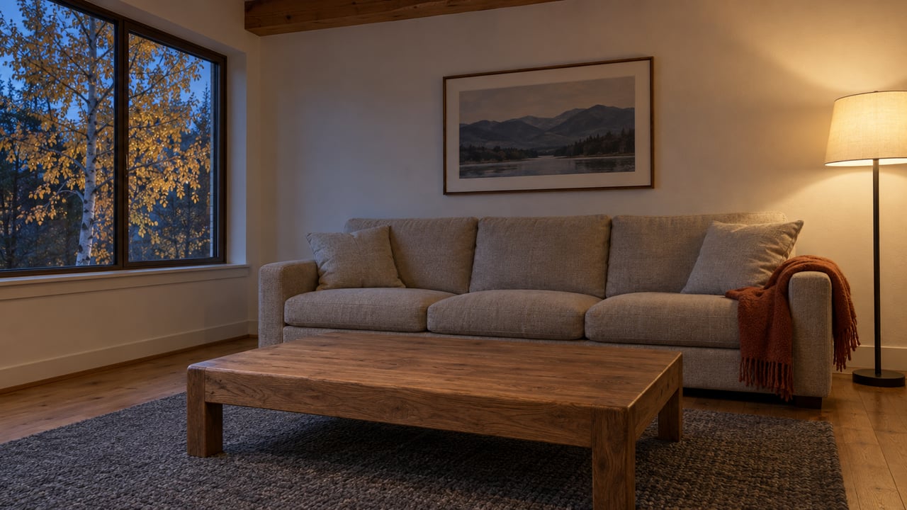 Living room with a gray sofa and wooden coffee table beside a window overlooking autumn trees.