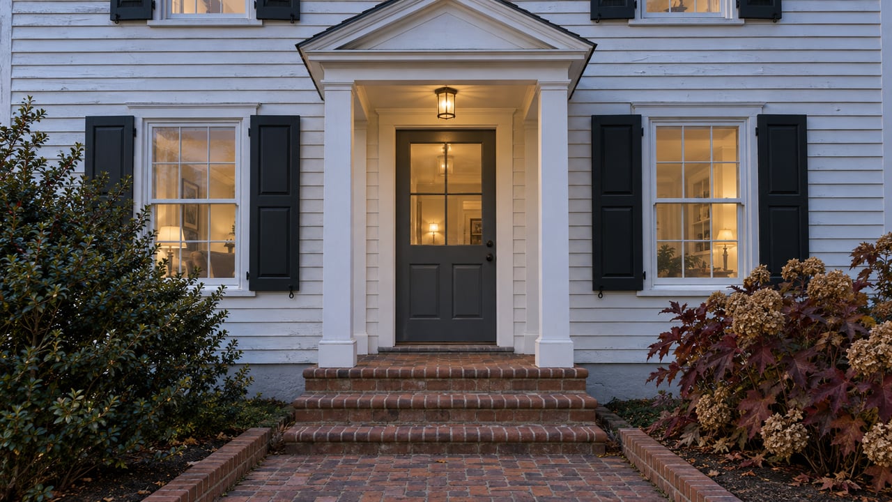 White clapboard home with a pedimented entry, softly glowing windows, worn brick steps and autumn planting at blue hour.