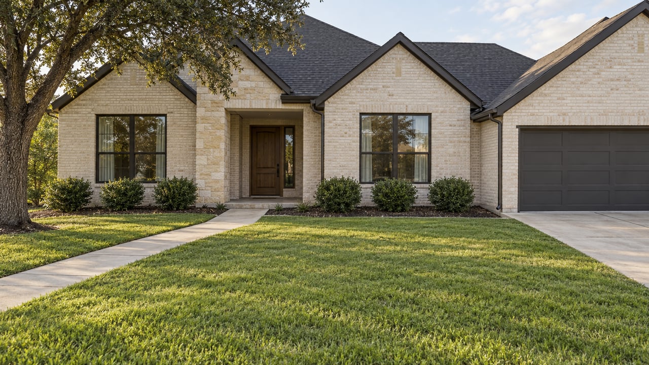 Ivory-brick single-story home with charcoal gables, a recessed wood entrance and a broad front lawn in soft afternoon light.