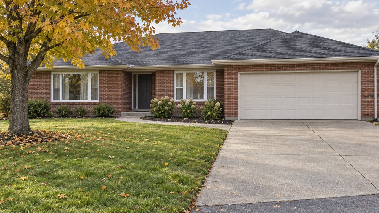 Updated red-brick ranch with a deep front lawn, autumn sugar maple, curved concrete walk and attached two-car garage in soft daylight.