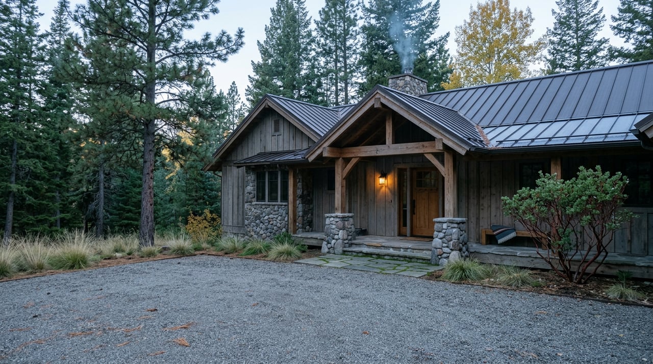 Mountain lodge entry with a glowing porch sconce, gravel court, conifers, and gold-leafed aspen.