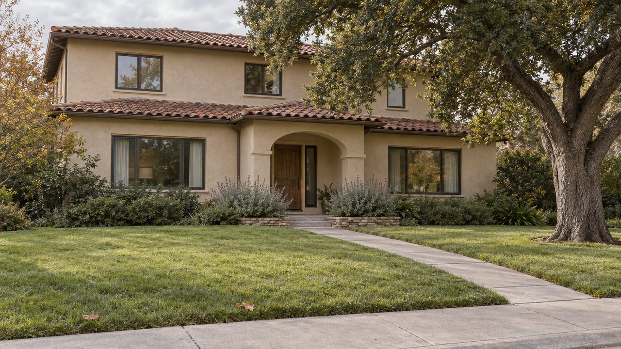 An established two-story stucco home with a faded clay tile roof, deep front lawn, and mature oak in soft morning light.