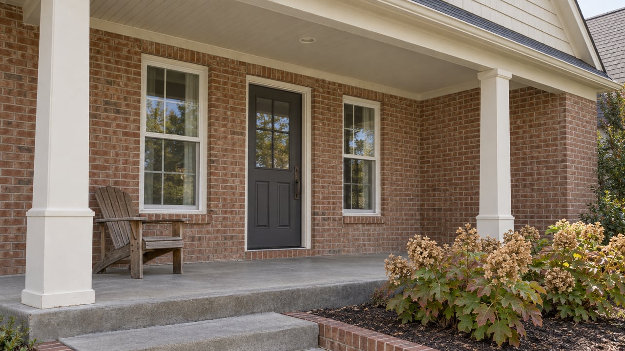 Brick home entrance beneath a painted porch, with paired windows, concrete steps and oakleaf hydrangeas.