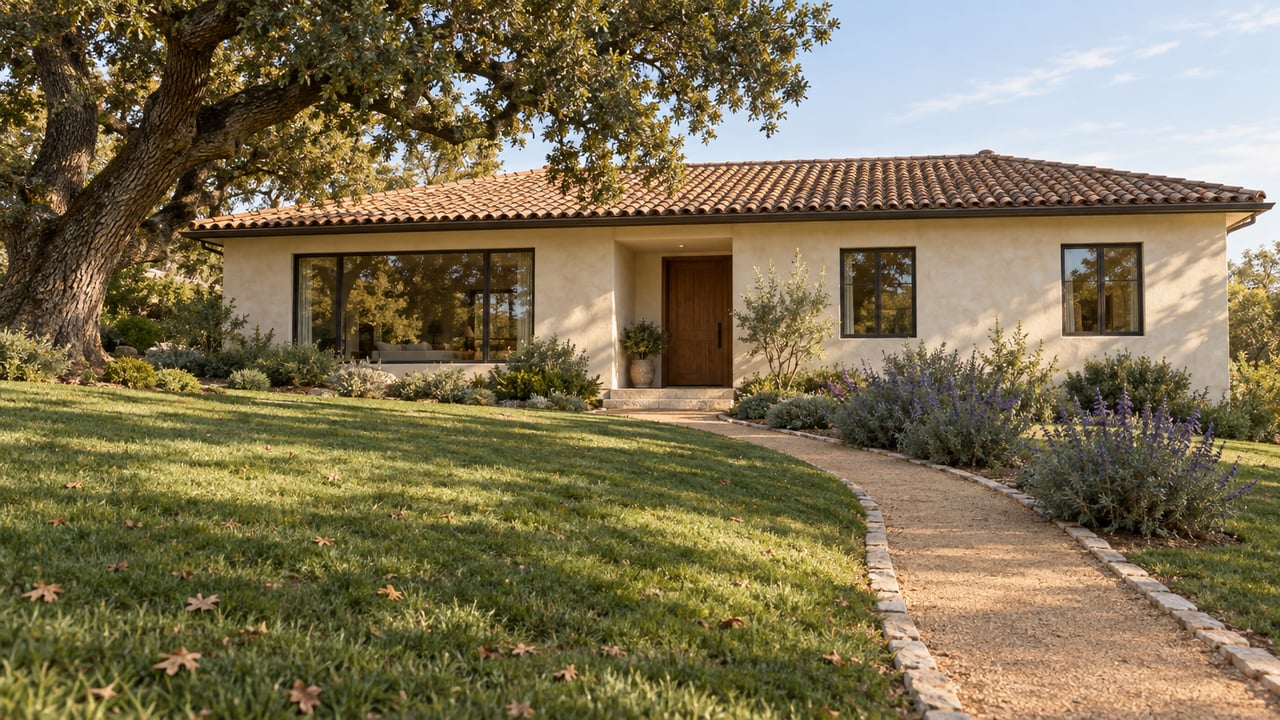 Single-story ivory stucco home with a terracotta roof, bronze-framed windows, and a curving path across a sloping lawn.