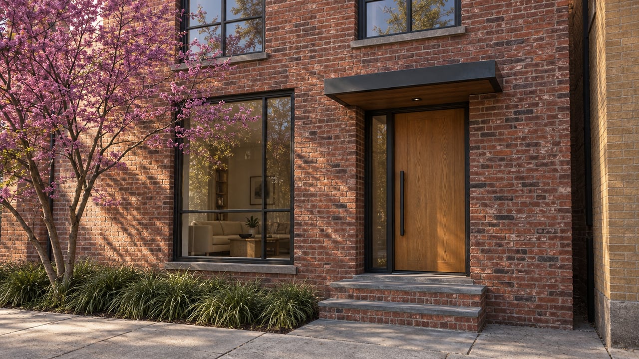Brick rowhouse entry with oak door, three steps, steel-framed windows, and a redbud tree beside the steps.