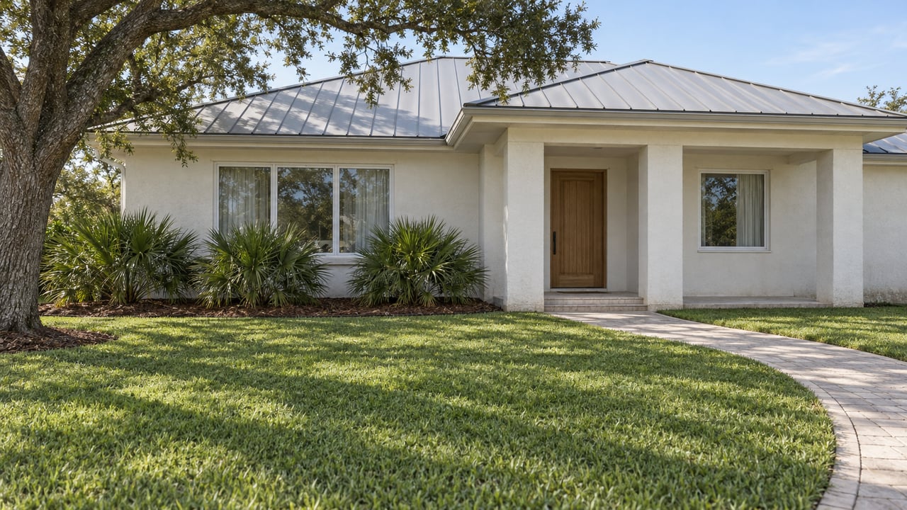 Light stucco home with a pale metal roof, broad front lawn, curved paver approach and spreading live oak.