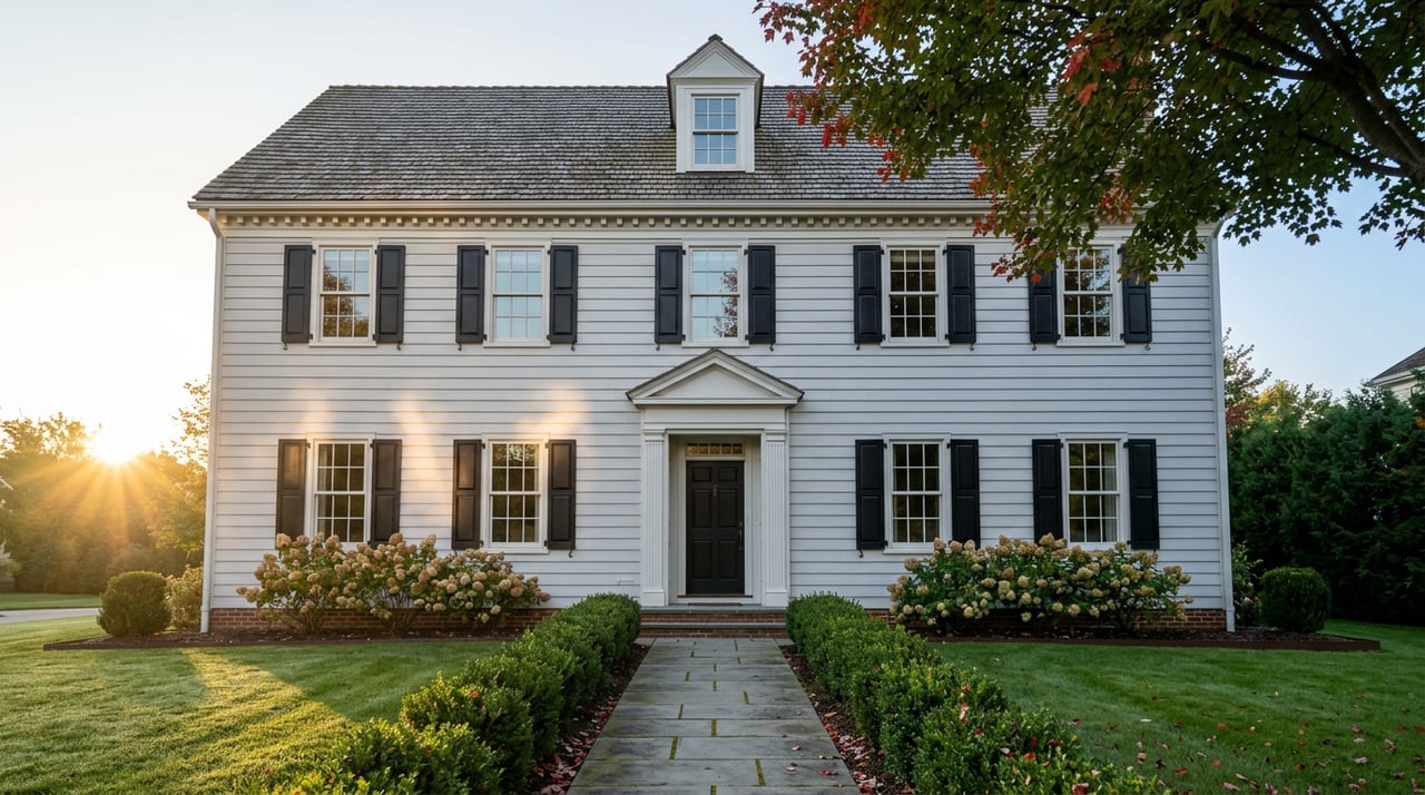 Symmetrical two-story white clapboard house with black shutters, pedimented entry, bluestone walk, and red-leaved tree.