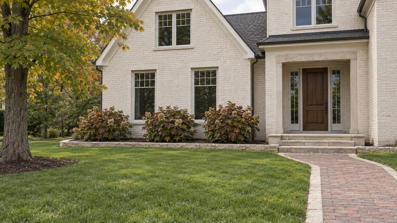 Ivory painted-brick home with a gabled wing, walnut entry, limestone steps and a deep lawn in soft autumn daylight.