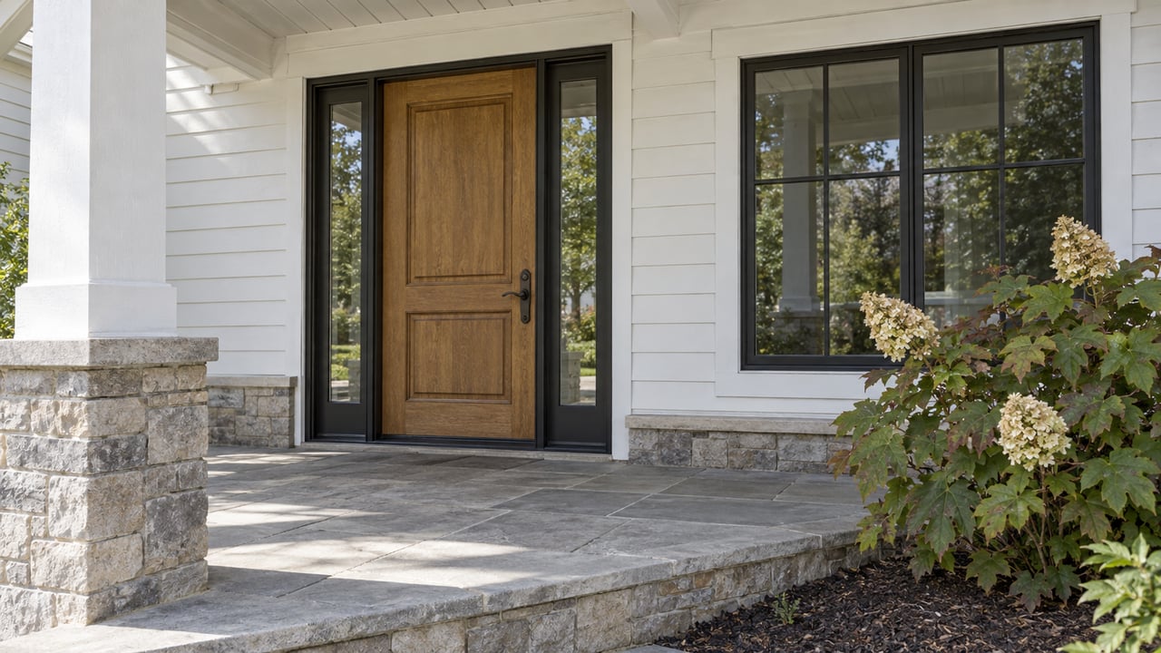 Covered front porch with a paneled oak door, paired glazed sidelights, white siding, dark window frames, and a limestone-edged landing beside an oakleaf hydrangea.