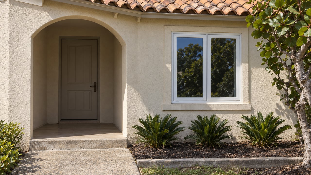 Sunlit ivory stucco home with an arched recessed entrance, terracotta roof tiles, paired windows, and carefully spaced tropical planting.