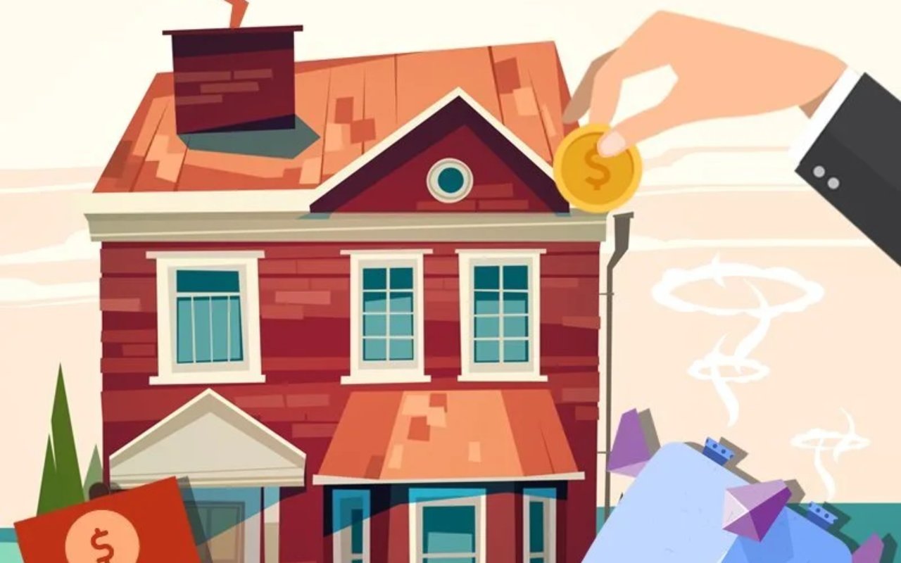 Illustration of a red house, a hand holding a dollar coin, and scattered construction materials.