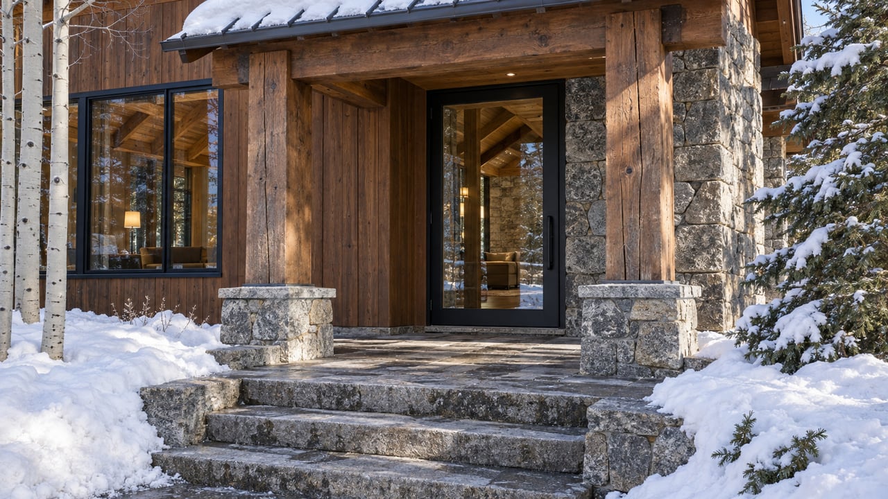 Snowy mountain home entrance with timber siding, stone steps, and a black-framed glass door.