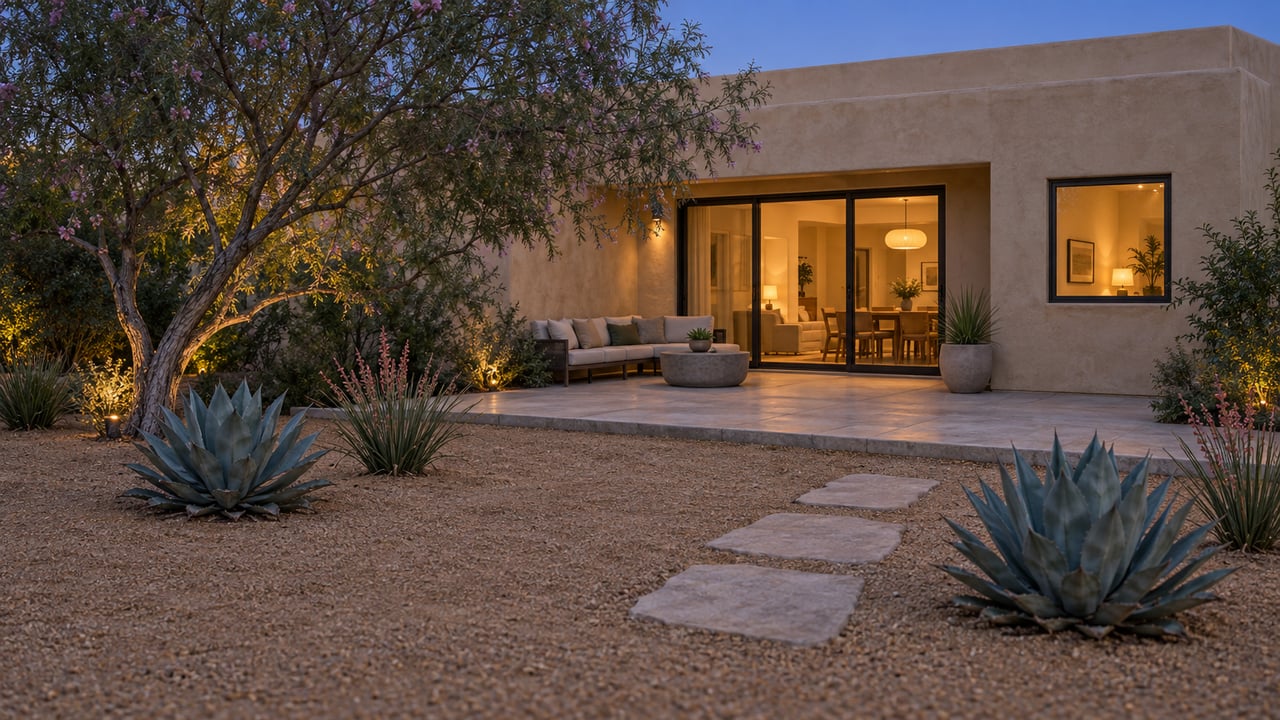 Stucco home with warm light behind glass doors, a gravel yard, stepping stones, and a sparse-canopied tree at twilight.