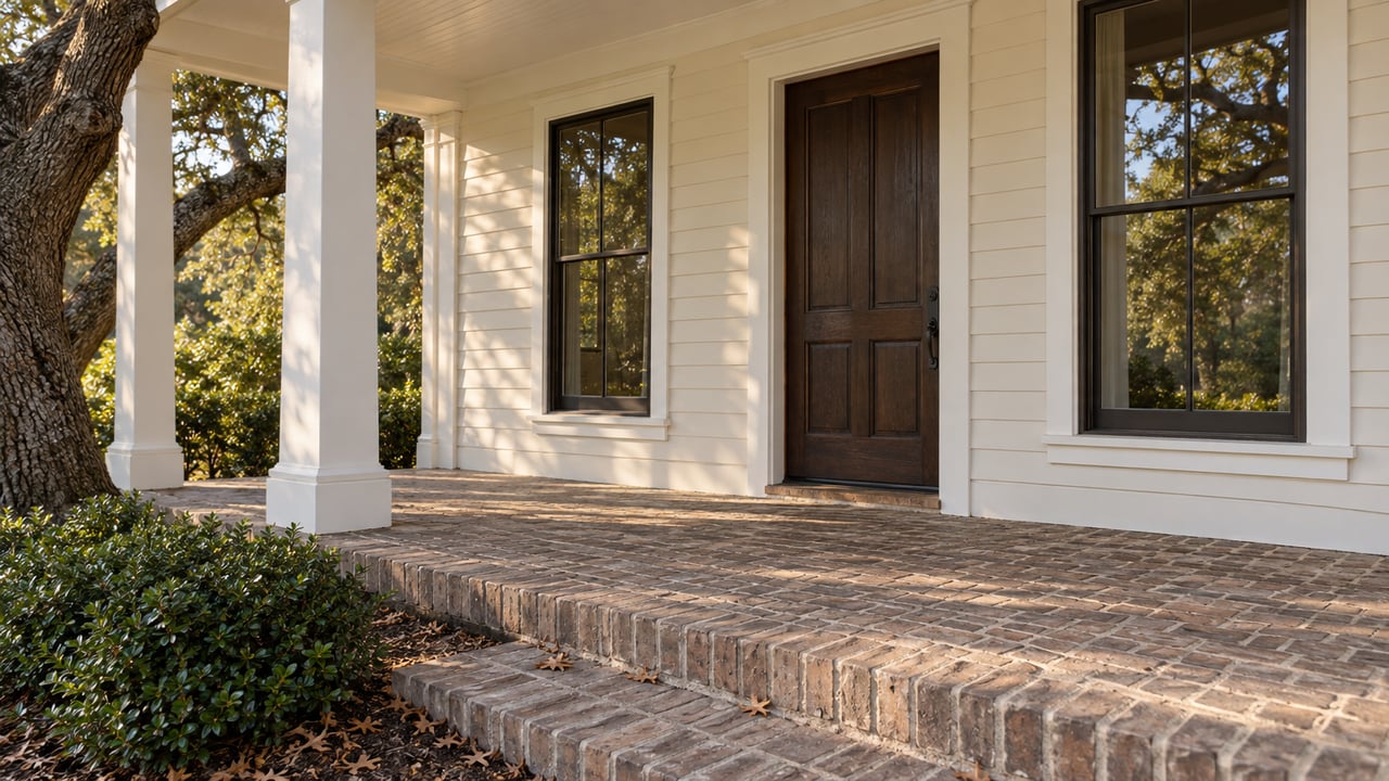 White-sided home with a dark wood door, tall windows, brick porch, and low shrubs beneath an oak canopy.