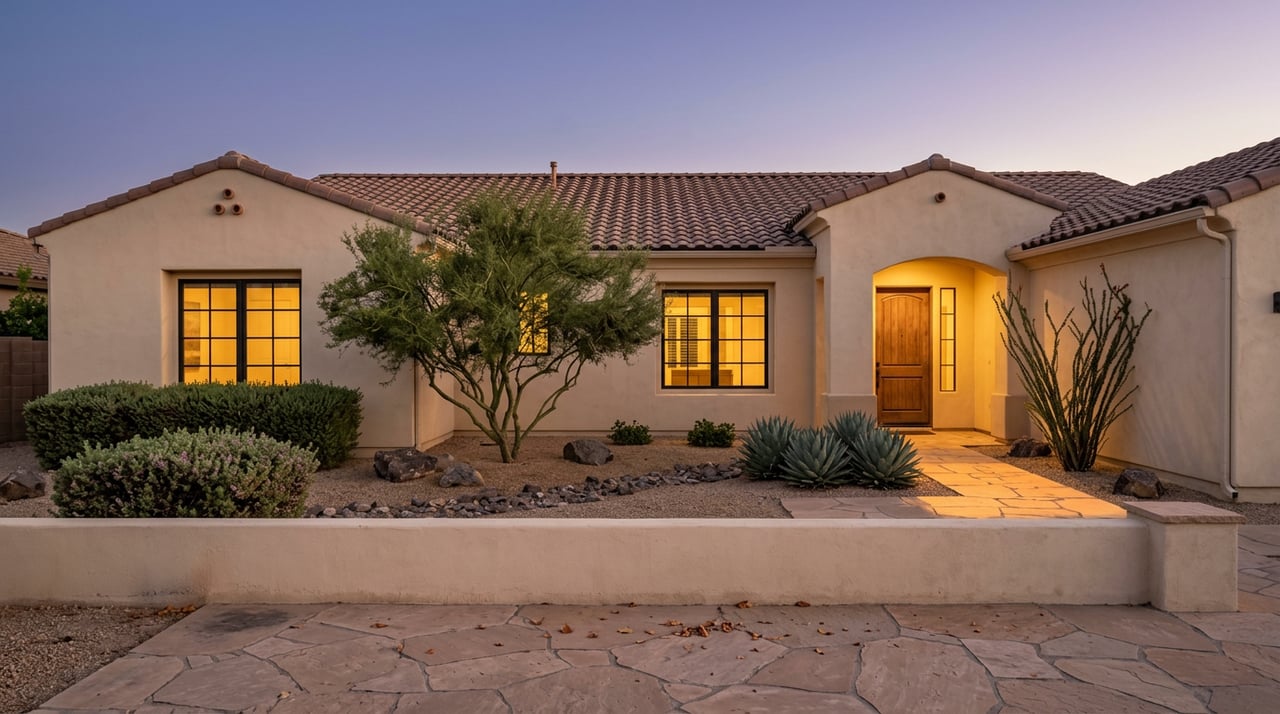 Desert home at dusk with glowing windows, a terracotta tile roof, agaves, and a sculptural palo verde tree.