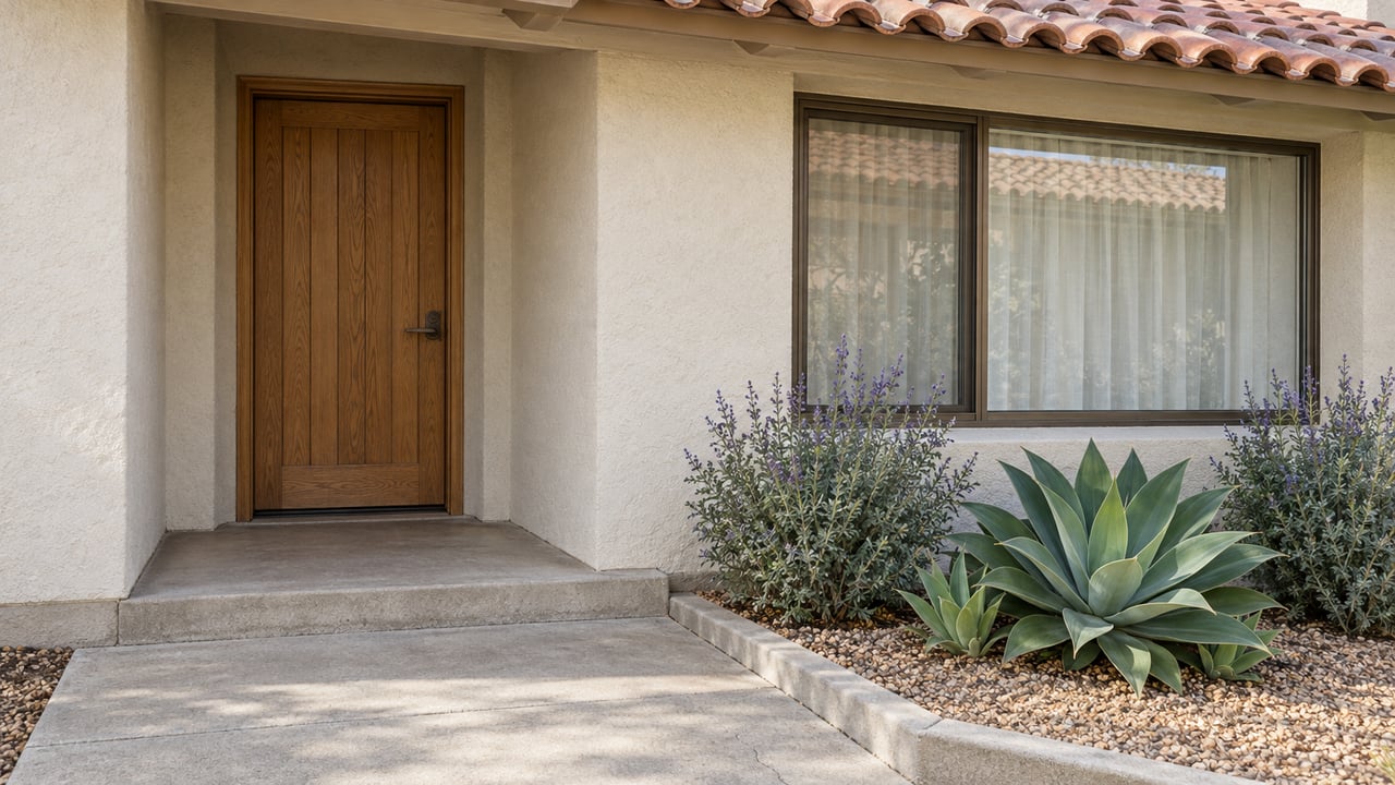 Sunlit stucco home entrance with a weathered oak door, clay roof tiles and a concrete path beside sculptural drought-tolerant planting.