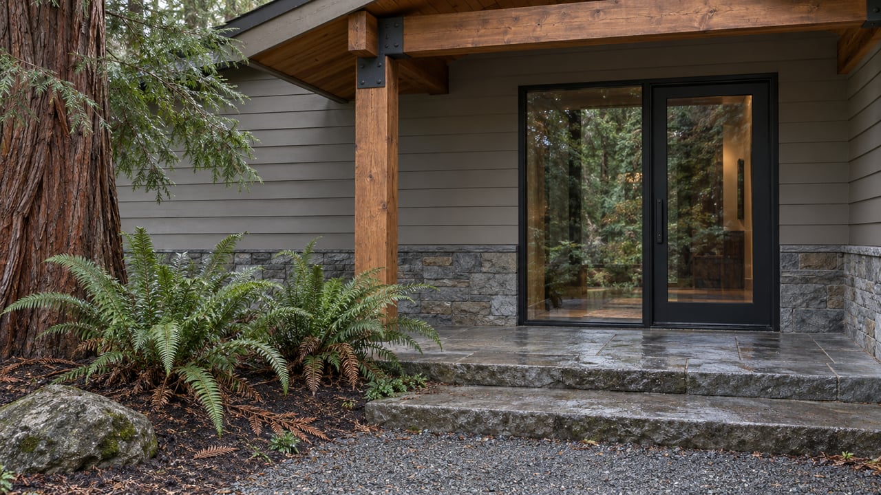 Timber-covered entry of a gray-sided home with stone steps, a mature redwood and two sword ferns in a damp garden.