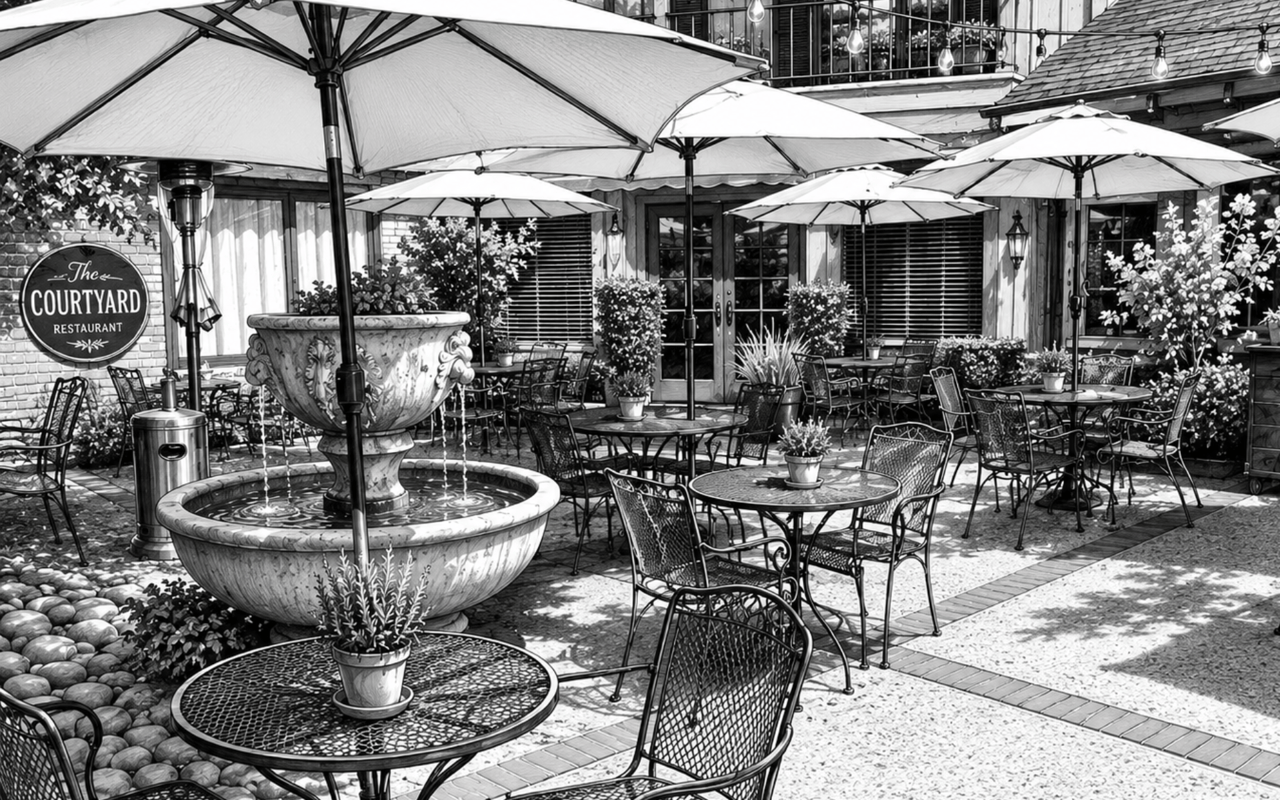 Black and white view of the outdoor dining patio at The Courtyard Restaurant in Alamo, California, featuring umbrellas, wrought iron seating, and a central fountain