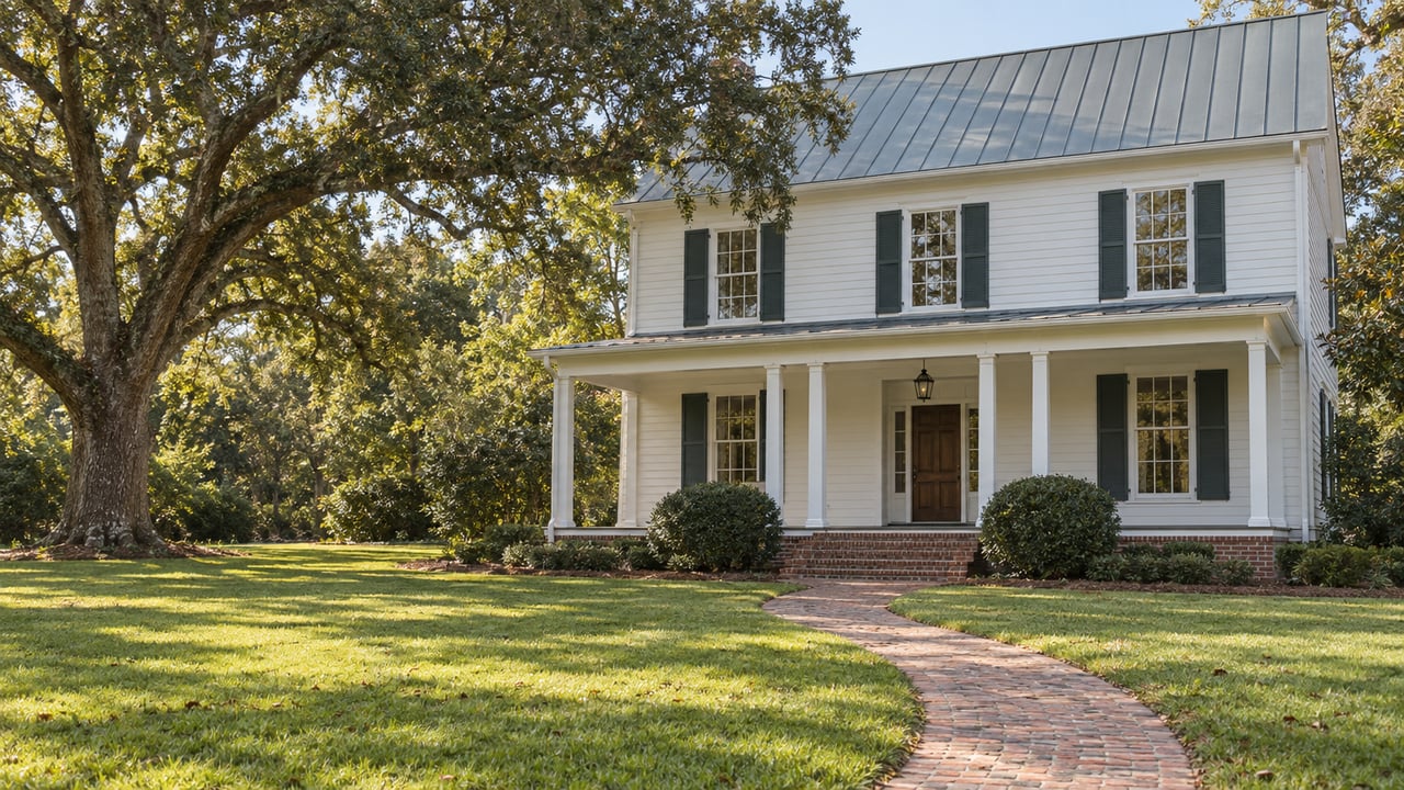 White clapboard house with green shutters, a curving brick walk, and a broad live oak on the lawn.