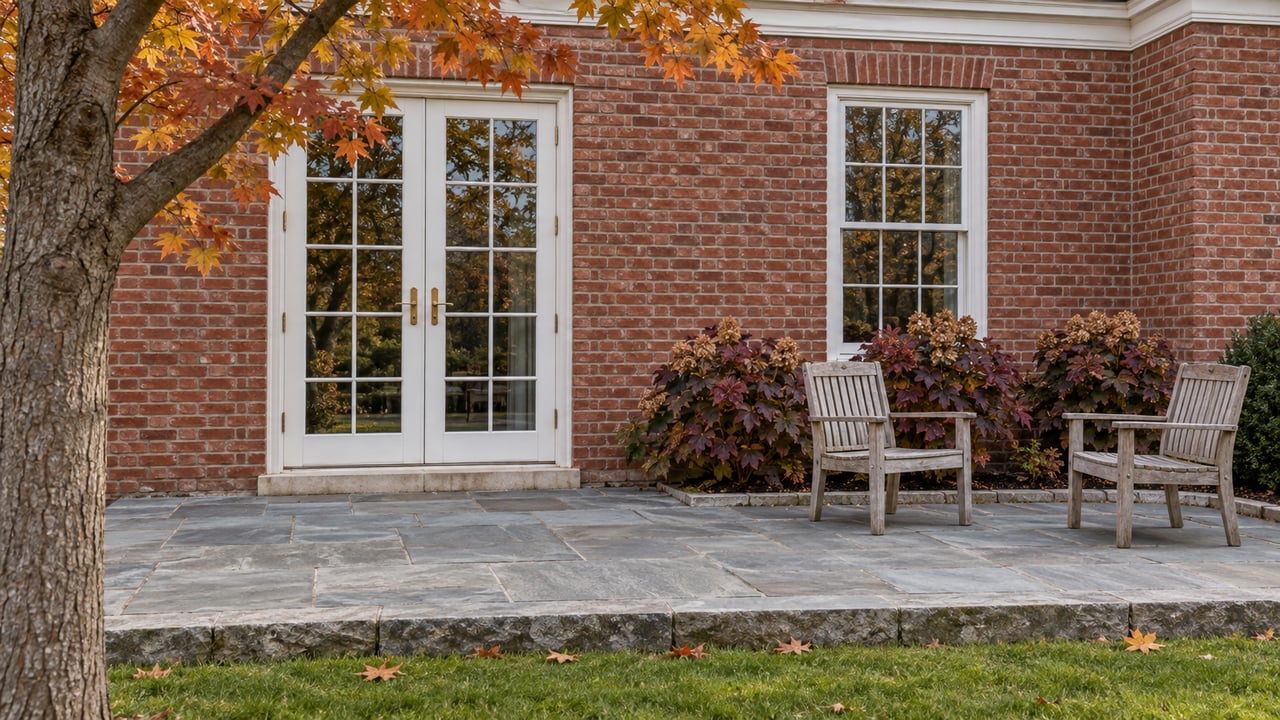 Autumn light on a red brick home's French doors and flagstone terrace, with teak chairs and ochre maple foliage.