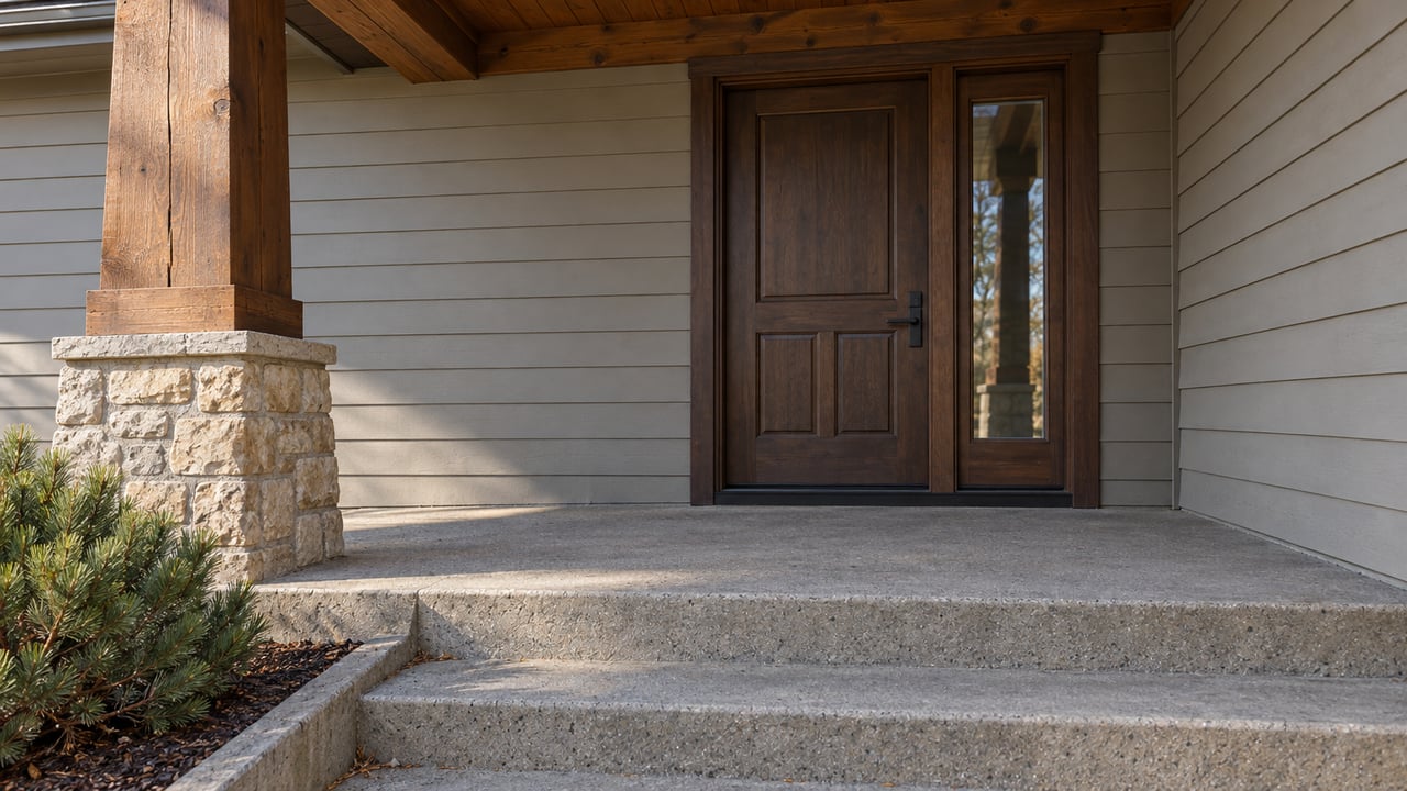 Morning light on a timber-supported home entry with limestone pier, dark wood door and broad concrete steps.