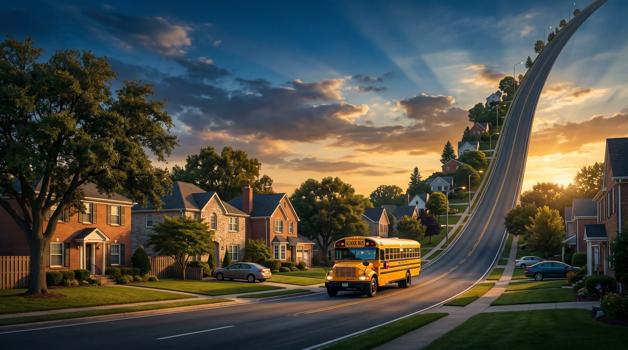Yellow school bus on a suburban street curving upward like a rising chart, homes in Houston suburbs at sunset