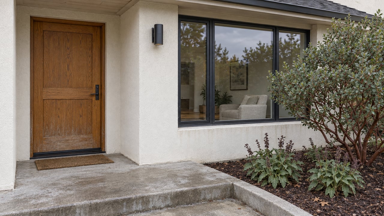 Covered oak entry beside a dark-framed window, with weathered concrete steps and a red-barked manzanita planting.