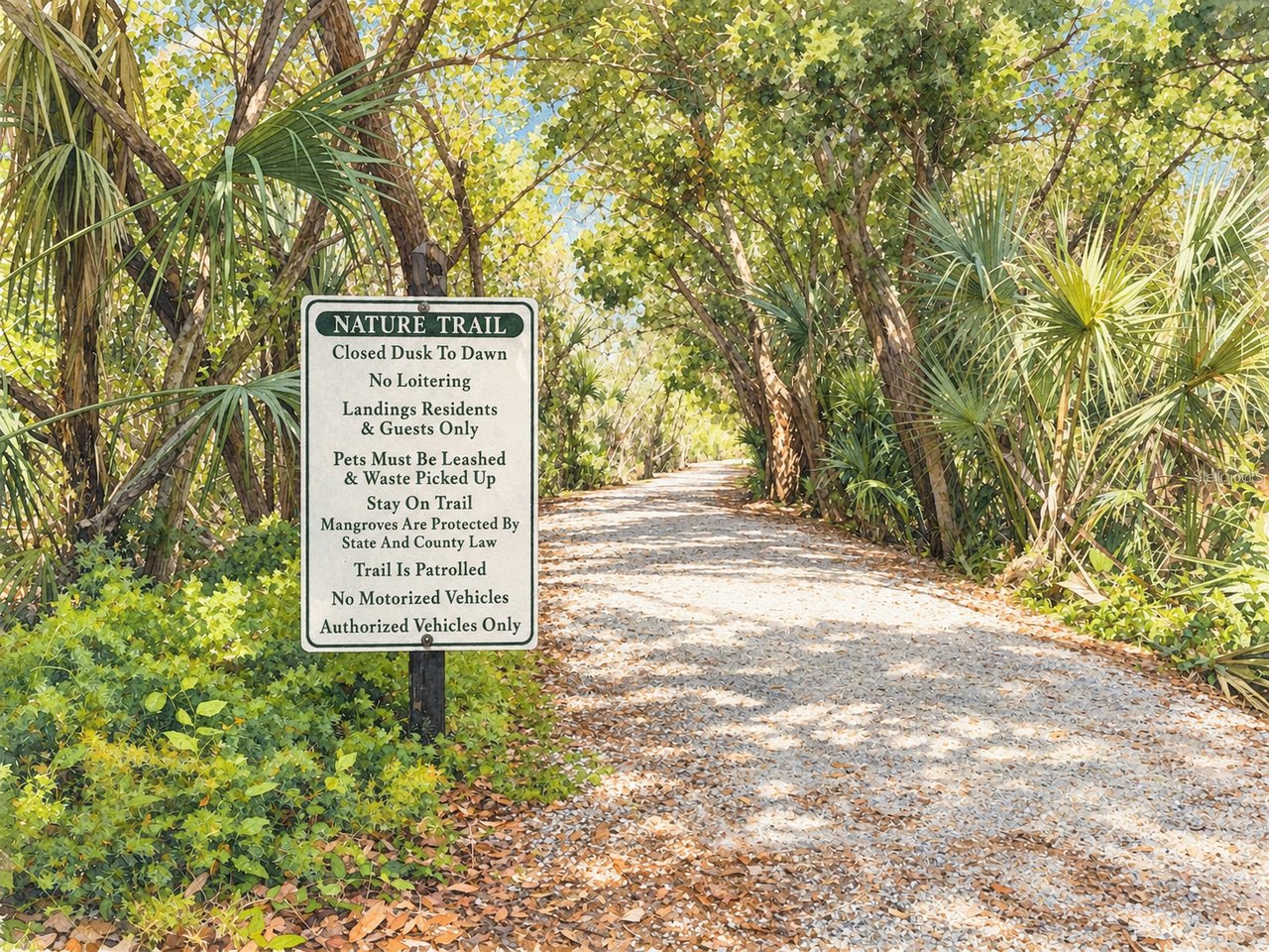 Nature trail through mangroves with a sign listing access restrictions and trail rules.