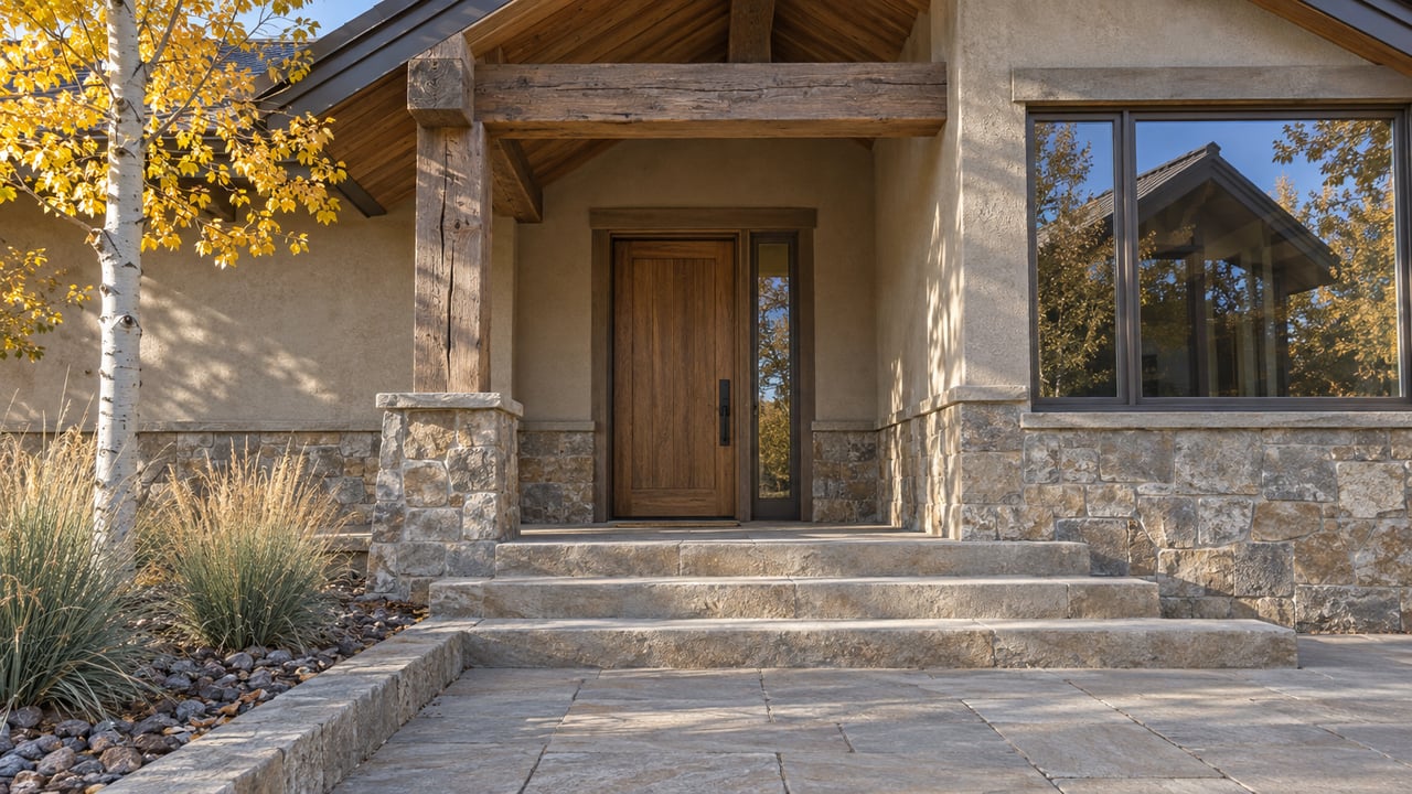 Sunlit stone steps approach a timber-covered home entrance with sandstone walls, bronze-framed glazing and a golden-leaved aspen.