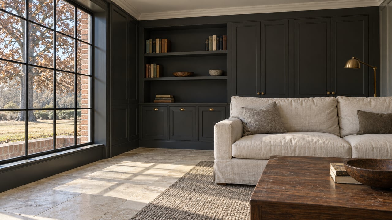 Sunlit sitting room with charcoal cabinetry, limestone flooring, a linen sofa, and a walnut coffee table beside a tall window.