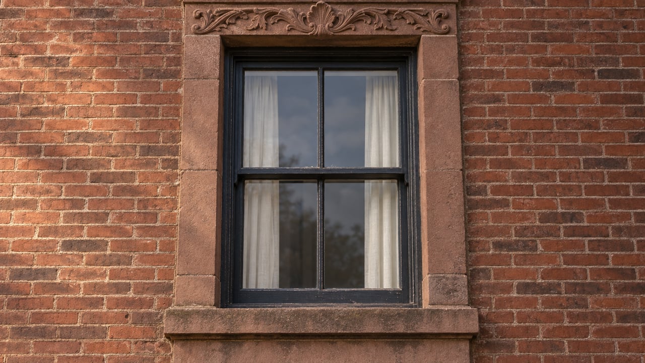 Tall dark-painted sash window framed by weathered carved sandstone and warm red-brown brick in soft autumn light.