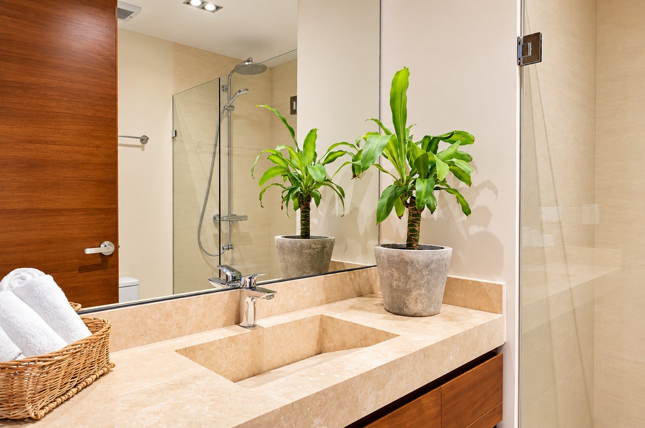Bathroom vanity with a stone sink, wood cabinetry, mirrored wall, and potted plants.
